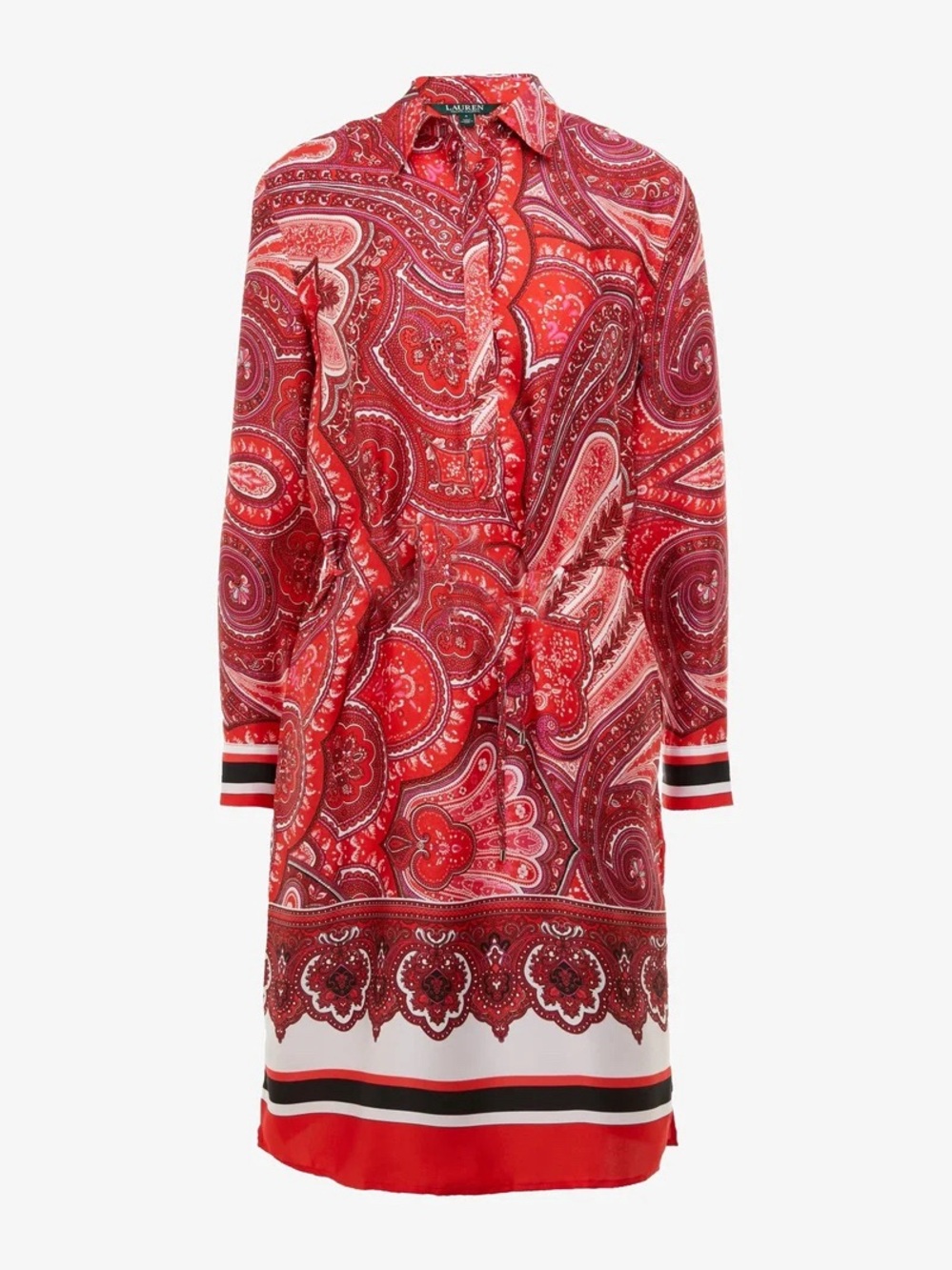 Lauren Ralph Lauren Red Paisley Print Long Sleeve Midi Shirt Dress